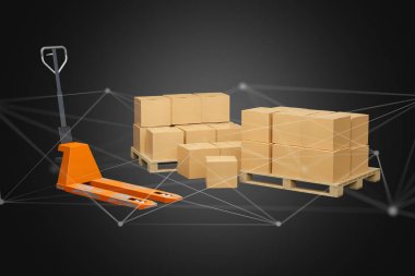 Transpalet ve ağ bağlantı sistemi - 3d render ile carboxes görünümünü