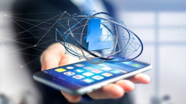 Ağ bağlantı - 3d render uçan litecoin Kripto para birimi işaretiyle Smartphone kullanarak iş adamı