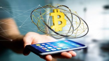 Ağ bağlantı - 3d render uçan litecoin Kripto para birimi işaretiyle bir smartphone kullanarak iş adamı