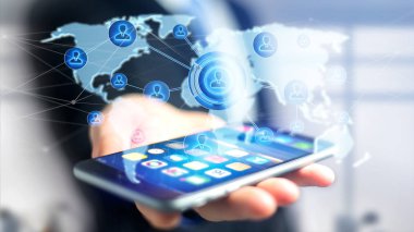 -3d render harita görünümü bir işadamı bir akıllı telefon ile ağ bağlı bir dünya kullanma.