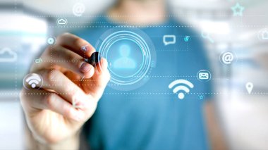 App ve sosyal simge tarafından - 3d render çevreleyen bir kişi simgesi tutan bir işadamı görünümünü 