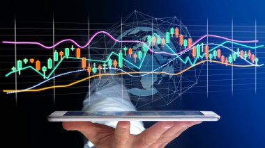 Görünümünü bir işadamı usng bir akıllı telefon ile bir 3d render veri bilgi görüntülenmesini futuristik bir arayüze Ticaret Borsası