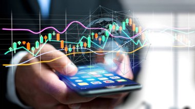 Görünümünü bir işadamı usng bir akıllı telefon ile bir 3d render veri bilgi görüntülenmesini futuristik bir arayüze Ticaret Borsası