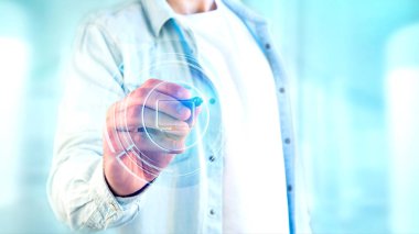 Bir parlak teknolojik bilgisayar düğmesi - 3d render tutan bir işadamı görünümünü