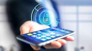 Parlak teknolojik soyunma güvenlik düğmesi - 3d render ile Smartphone kullanarak iş adamı