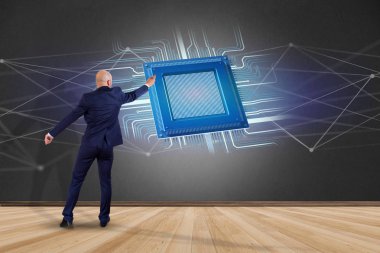 İşadamı bir işlemci çip ve ağ bağlantı - 3d render ile bir duvar önünde