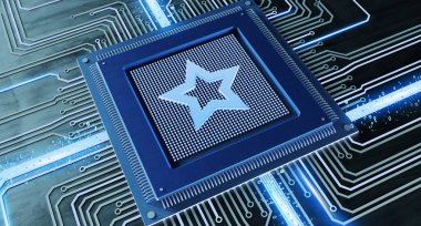 Cpu işlemci favori yıldız ve ağ bağlantısı üzerinde bir devre kartı - 3d render görünümünü