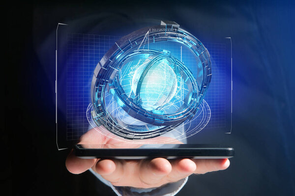 View of a Hologram made of wheel with a futuristic data interface - 3d render