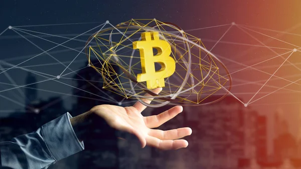 Bağlantı Render Uçan Bir Bitcoin Kripto Para Birimi Işaret Tutan — Stok fotoğraf