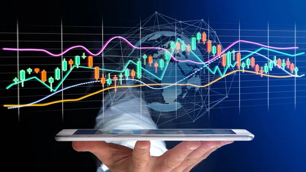 사업가 Usng 스마트폰 렌더링 미래의 인터페이스에서 데이터 표시를 거래소 — 스톡 사진