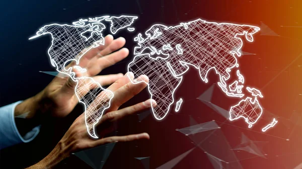 View of Businessman holding Hand drawn world map on futuristic interface