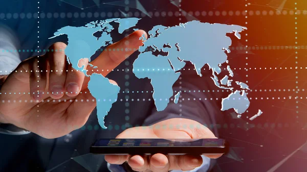 Businessman using smartphone with a Connected world map - 3d render