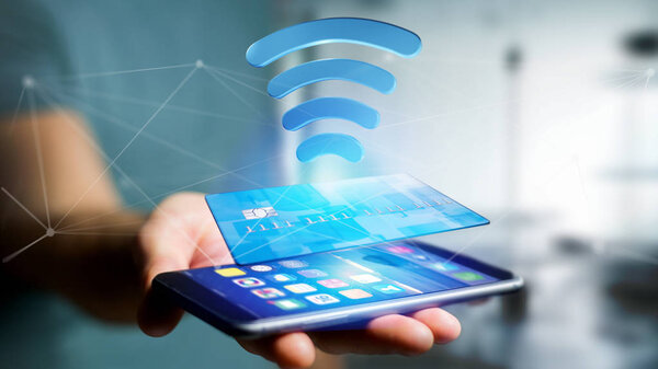 View of Paying with contactless credit card concept - 3d render