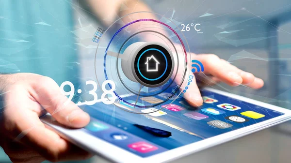 A düğme-in akıllı ev otomasyon uygulaması tablet 3d render üzerinde tutan adam