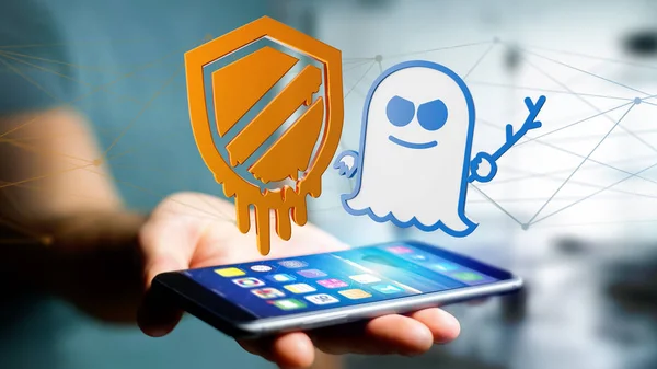 Pohled Podnikatele Pomocí Smartphone Zhroucení Spectre Procesor Útok Síťové Připojení — Stock fotografie