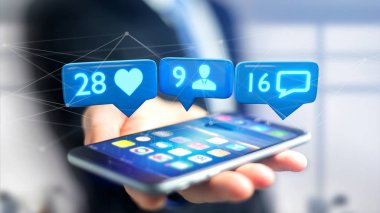 İşadamı ile smartphone kullanarak görünümünü sever, takipçileri ve sosyal ağ üzerindeki bildirim iletileri