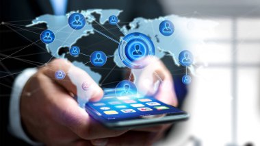 Smartphone kullanarak ağ ile bağlı dünya harita üzerinde işadamı görünümünü