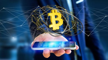 Ağ bağlantı etrafında uçan bitcoin Kripto para birimi işaretiyle smartphone kullanarak işadamı görünümünü