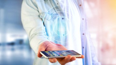 Görünüm parlak teknolojik bilgisayar düğme üstünde smartphone kullanarak iş adamı