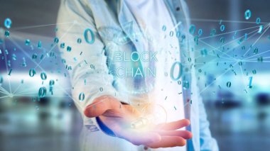 Blockchain başlık üzerinde uçan 0 ve 1 veri görünümünü