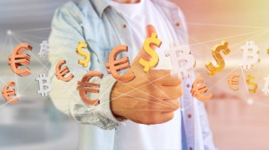 Dolar, euro ve bitcoin işaretleri ağ bağlantısı eller yukarıda etrafında uçan görünümü