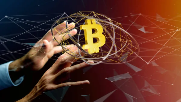 Bağlantı Etrafında Uçan Bitcoin Kripto Para Birimi Işaret Tutan Işadamı — Stok fotoğraf