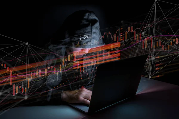 Вид Человека Хакера Темноте Использующего Компьютер Взлома Данных Информационной Системы — стоковое фото