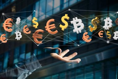 Dolar, Euro ve Bitcoin işaretler etrafında uçan ağ bağlantısı