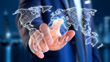 el dünya haritası üzerinde erkek figürü çizilmiş.