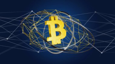 Bitcoin cryptocurrency işareti etrafında uçan ağ bağlantısı