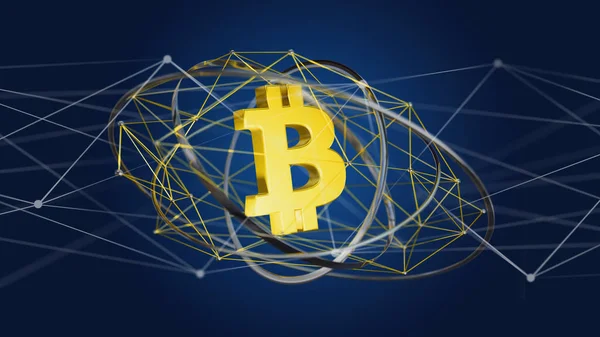 Bitcoin Sinal Criptomoeda Voando Torno Conexão Rede — Fotografia de Stock