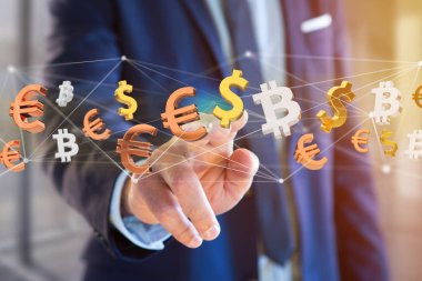 Dolar, Euro ve Bitcoin işaretler etrafında uçan ağ bağlantısı