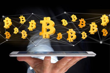 Bitcoin işareti etrafında uçan ağ bağlantısı