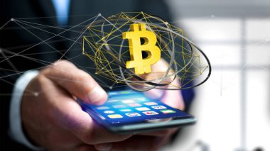  Ağ bağlantı etrafında uçan Bitcoin cryptocurrency işaret tutan işadamı
