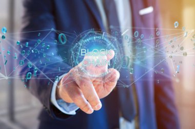 Blockchain başlık erkek figürü üzerinde uçan 0 ve 1 verilerle