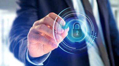 Parlak teknolojik soyunma güvenlik düğmesini tutarak işadamı