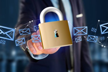 Asma kilit güvenlik bağlantısı üzerinden erkek figürü 