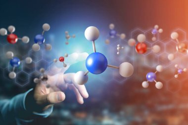 molekül modeli koyu arka plan üzerinde erkek el üzerinde