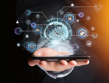 Teknoloji simgesi ve küre Dünya futuristik arabirim üstünde görüntülenen uluslararası iş ağ bağlantısı