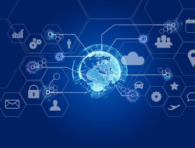 Teknoloji simgesi ve küre Dünya futuristik arabirim üstünde görüntülenen uluslararası iş ağ bağlantısı