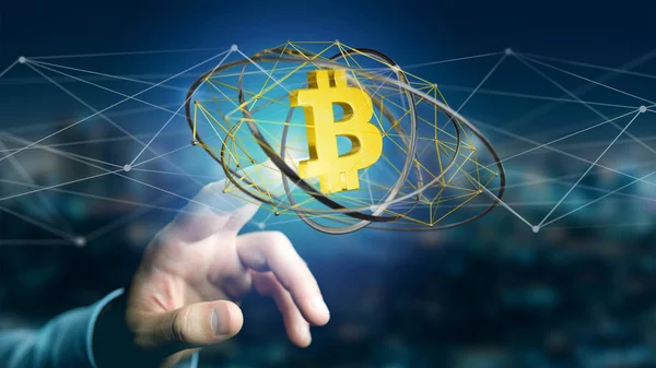 Empresario Sosteniendo Signo Criptomoneda Bitcoin Volando Alrededor Conexión Red — Foto de Stock
