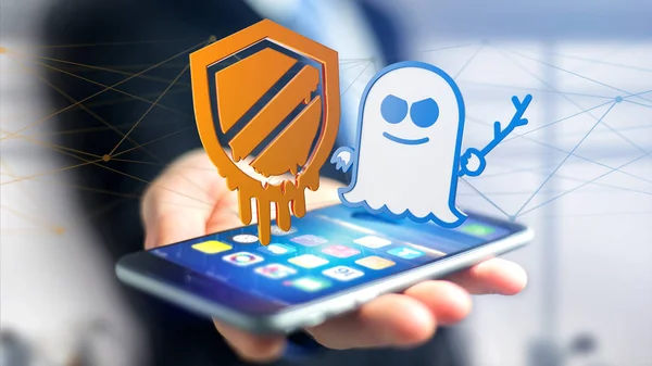 Businessman using a smartphone with a Meltdown and Spectre proce