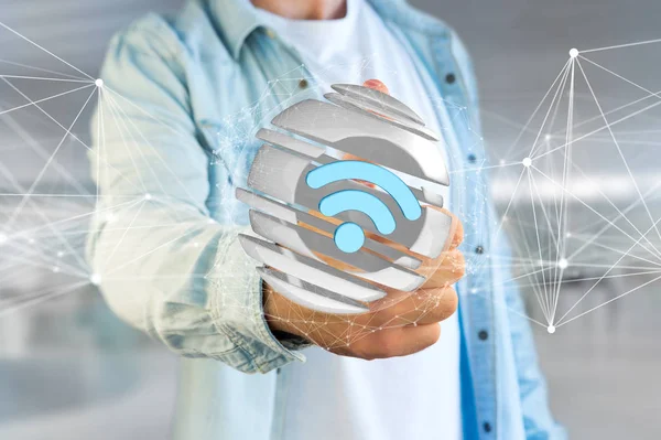 Wifi Symbol Wyświetlany Mężczyzną Tle — Zdjęcie stockowe