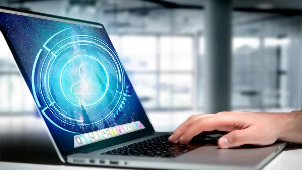 Parlak Teknolojik Düğmesi Arka Plan Üstünde Laptop Ile Ulaşın — Stok fotoğraf