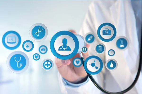 Medicine and general healthcare icon over blurred doctor figure