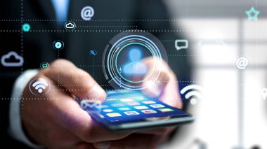 Bir akıllı telefon app ve sosyal simge tarafından - 3d render çevreleyen bir kişi simgesi kullanarak bir işadamı görünümünü 