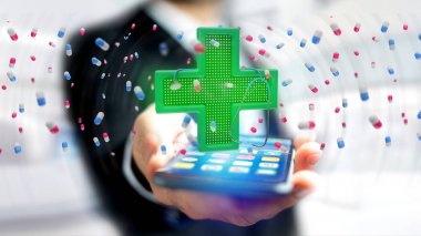 Çapraz aydınlatma eczane ve bir steteskop - 3d render ile bir smartphone kullanarak bir işadamı görünümünü 