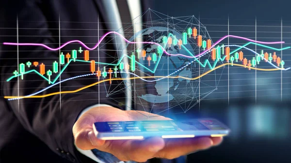 Visualizzazione Uomo Affari Usng Uno Smartphone Con Rendering Borsa Dati — Foto Stock