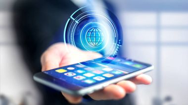 Bir işadamı bir parlak teknolojik dünya ile bir smartphone kullanarak görünümünü düğme - 3d render