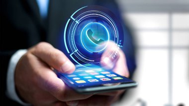Onun smartphone - 3d render bir parlak teknolojik telefon düğmesini kullanarak bir işadamı görünümünü